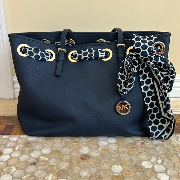 Navy Michael Kors Bags With Scarf MICHAEL Michael Kors Bags Michael Kors  Navy Leather Tote With